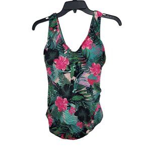 Swimsuits For All Women's‎ Green Pink Tropical Skirted One Piece Bathing Suit 8